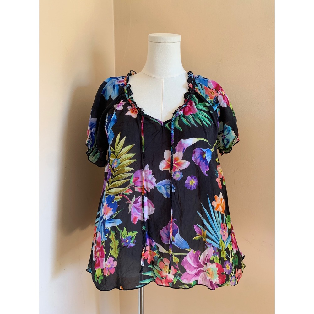 Johnny Was Floral Cupro Rayon Peasant Blouse Black Floral Ruffle Short Sleeve S